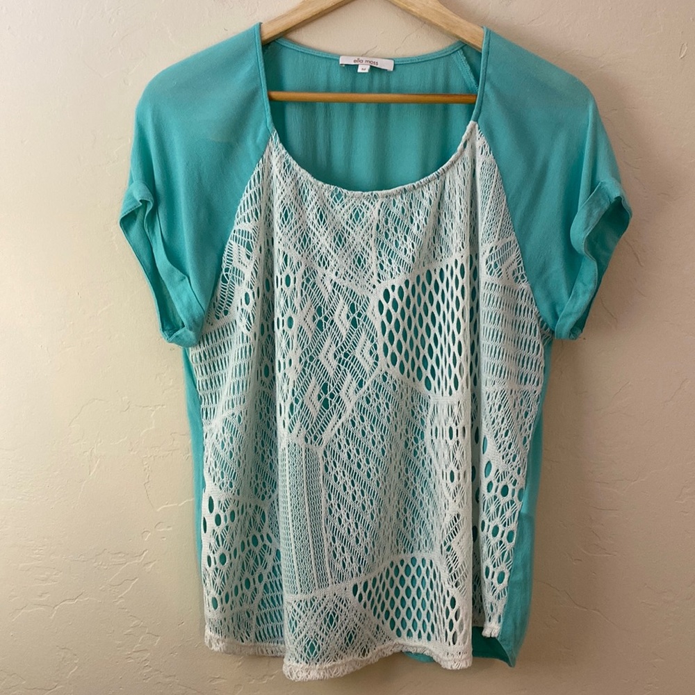 Ella Moss- Short sleeve Ivory Crochet Overlay Teal Top, M